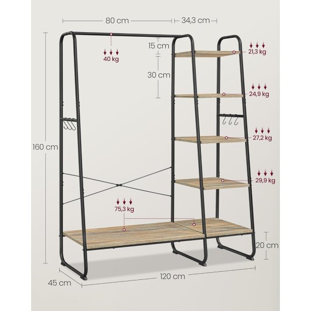 T�jstativ - sort og brun t�jstativ med b�jlestang og 5 hylder