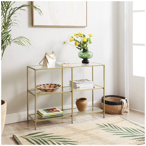 Sk�nk - konsolbord med h�rdet glas og gyldent stel 100x30x73