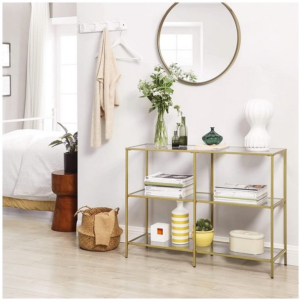 Sk�nk - konsolbord med h�rdet glas og gyldent stel 100x30x73