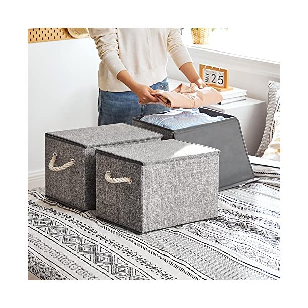 Opbevaringskasser - 3 foldbare stof�sker med l�g - gr� 38x25x25