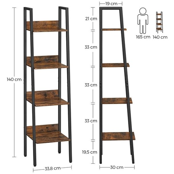 Reol - stigereol i industrielt design - rustik brun 140 x 30 x 34