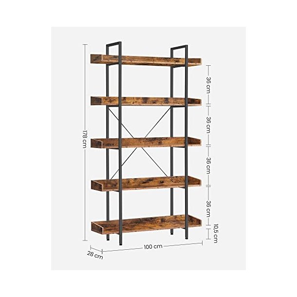 Bogreol - stuereol med 5 hylder - rustik brun 100 x 28 x 178