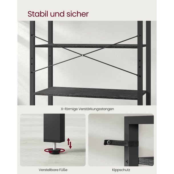 Reol - stuereol i industrielt design - sort 186 x 80 x 30