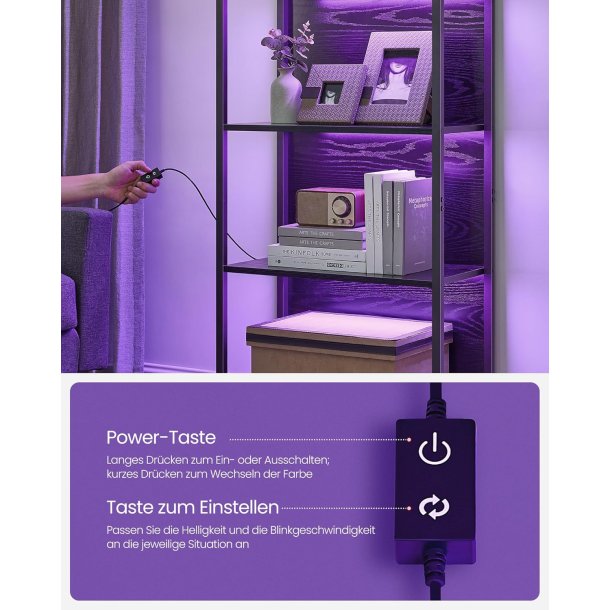 Bogreol med LED-lys - stuereol med 6 hylder - sort gulvreol