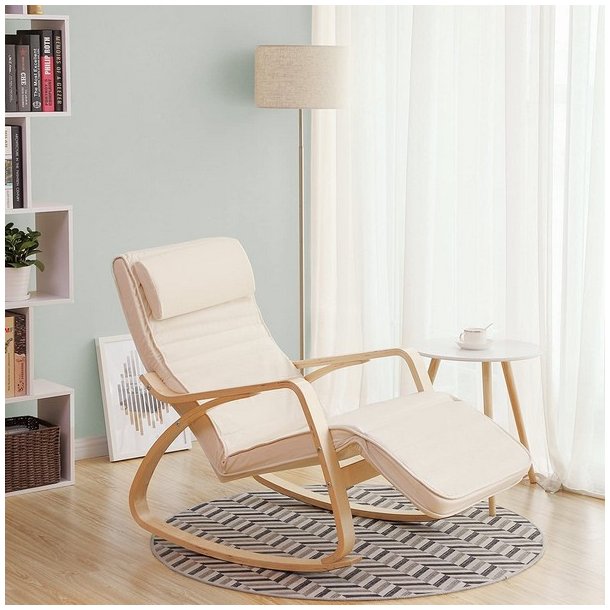 Gyngestol i birketr med justerbar fodsttte - beige stof