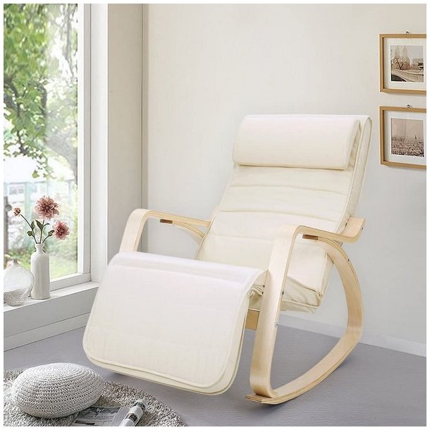 Gyngestol i birketr med justerbar fodsttte - beige stof