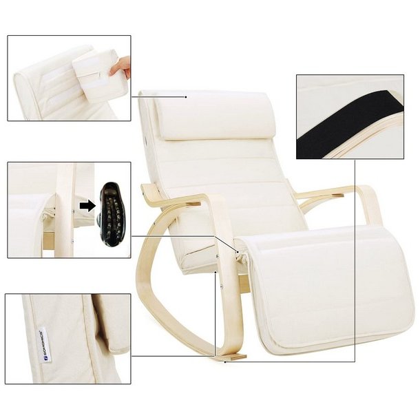 Gyngestol i birketr med justerbar fodsttte - beige stof