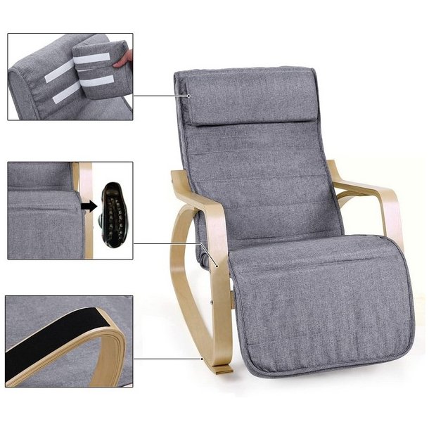 Gyngestol i birketr med justerbar fodsttte - gr bomuld stof