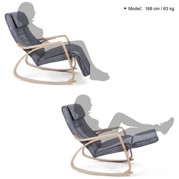 Gyngestol i birketr med justerbar fodsttte - gr bomuld stof