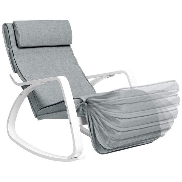 Gyngestol i birketr� med justerbar fodst�tte - lysegr� stof