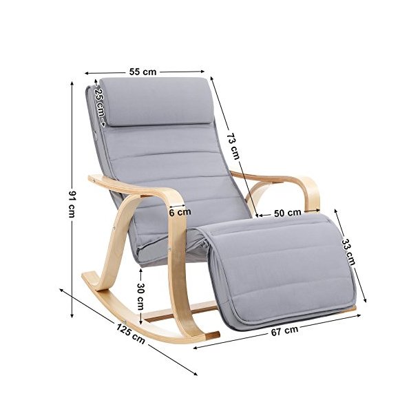 Gyngestol i birketr� med justerbar fodst�tte - lysegr� stof