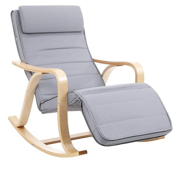 Gyngestol i birketr� med justerbar fodst�tte - lysegr� stof