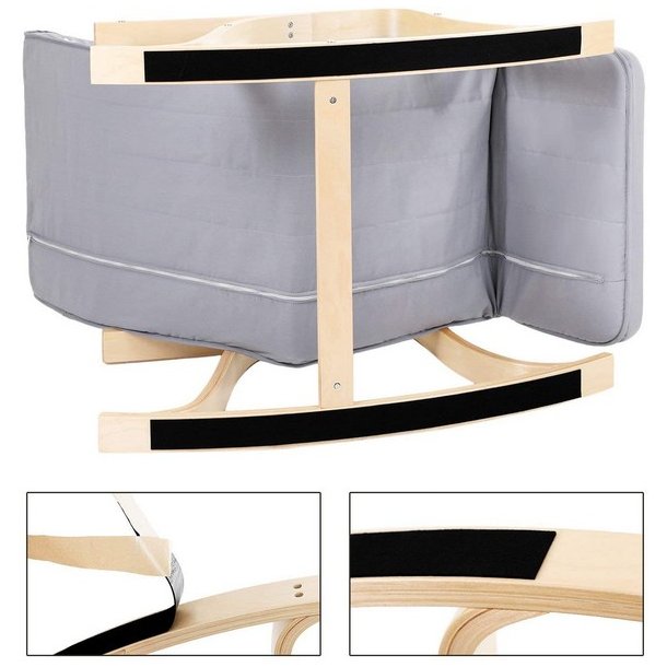 Gyngestol i birketr� med justerbar fodst�tte - lysegr� stof