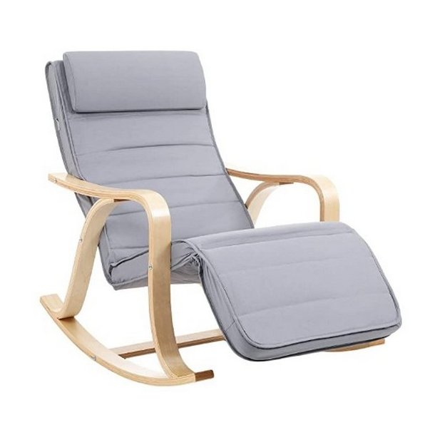 Gyngestol i birketr� med justerbar fodst�tte - lysegr� stof