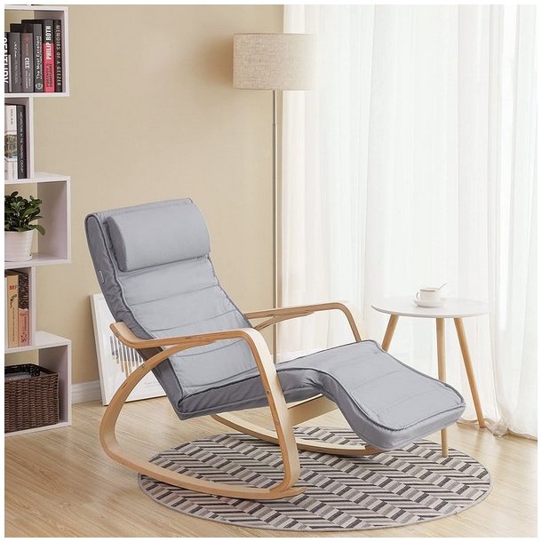 Gyngestol i birketr med justerbar fodsttte - lysegr stof