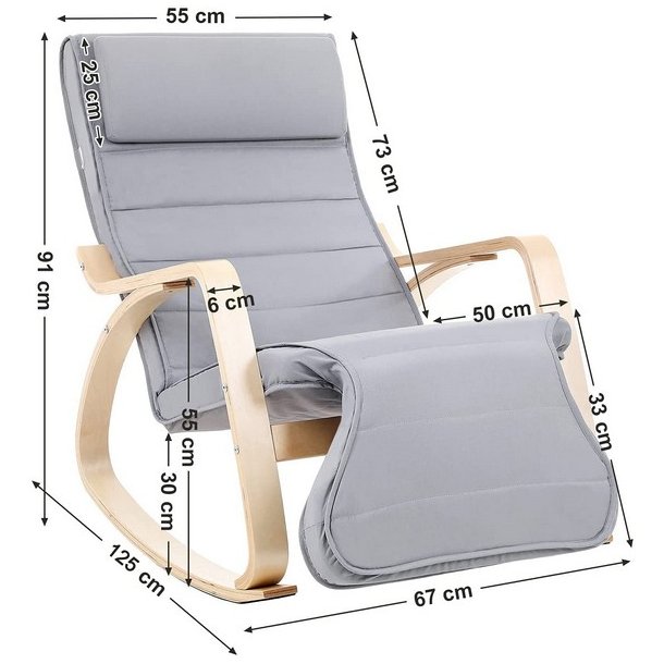 Gyngestol i birketr med justerbar fodsttte - lysegr stof