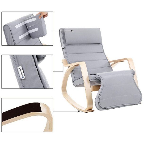 Gyngestol i birketr med justerbar fodsttte - lysegr stof