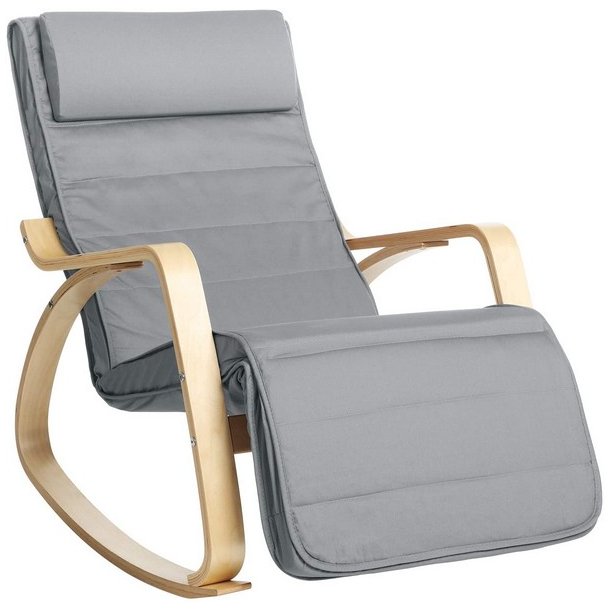 Gyngestol i birketr� med justerbar fodst�tte - lysegr� stof