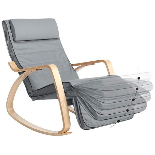 Gyngestol i birketr� med justerbar fodst�tte - lysegr� stof