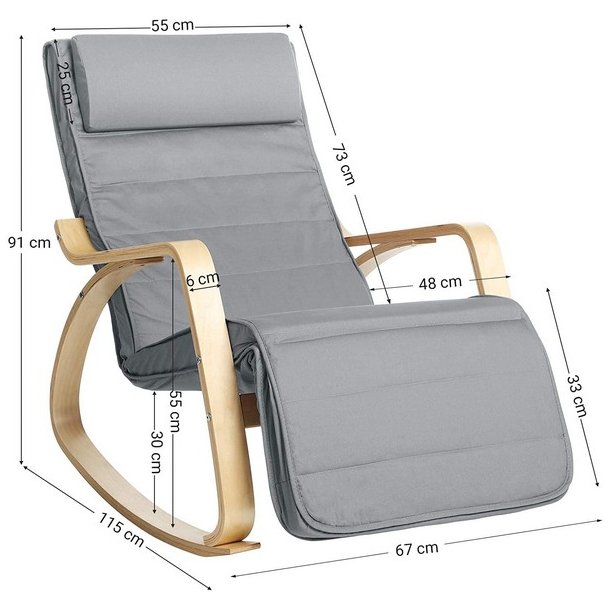 Gyngestol i birketr� med justerbar fodst�tte - lysegr� stof