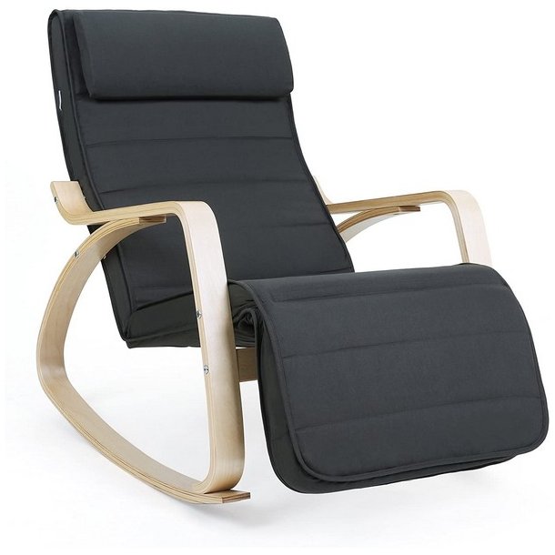 Gyngestol i birketr med justerbar fodsttte - mrkegr stof