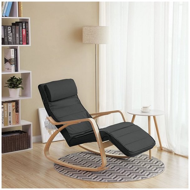 Gyngestol i birketr med justerbar fodsttte - mrkegr stof