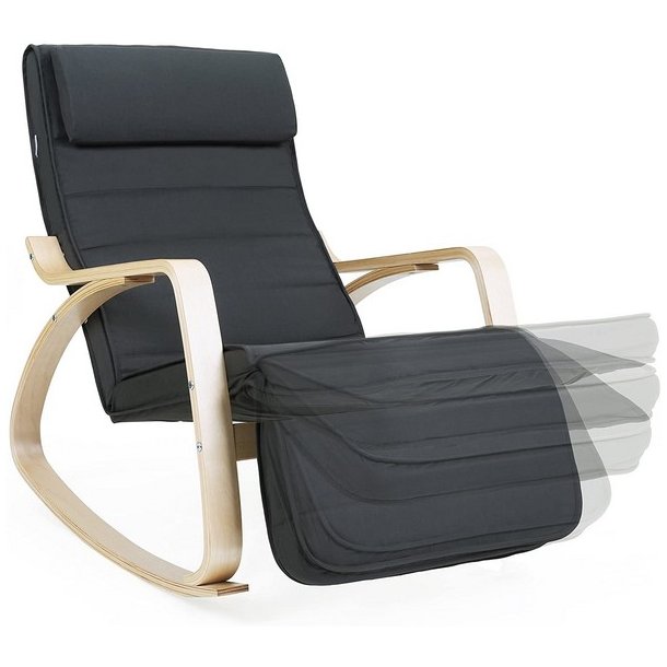 Gyngestol i birketr med justerbar fodsttte - mrkegr stof