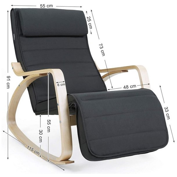 Gyngestol i birketr med justerbar fodsttte - mrkegr stof