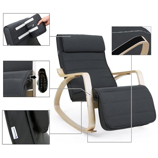 Gyngestol i birketr med justerbar fodsttte - mrkegr stof