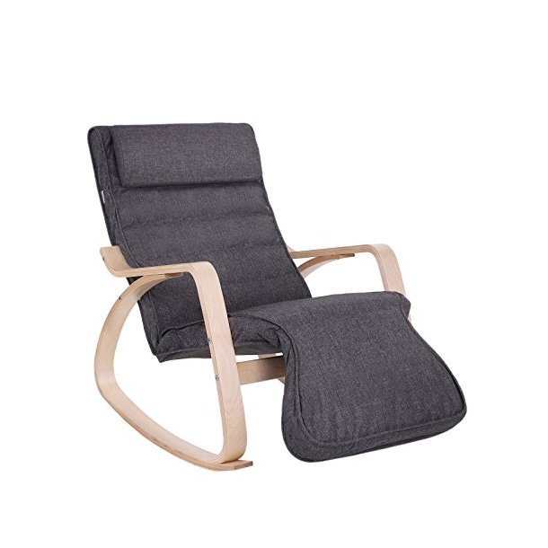 Gyngestol i birketr� med justerbar fodst�tte - m�rkegr� stof