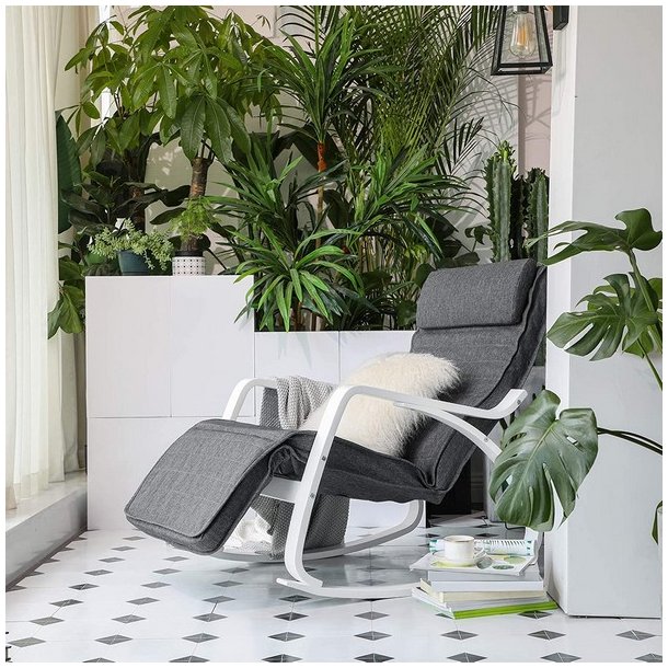 Gyngestol i birketr� med justerbar fodst�tte - m�rkegr� stof