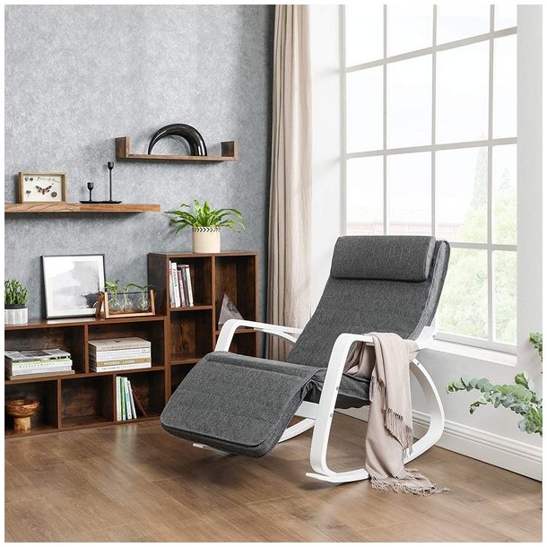 Gyngestol i birketr� med justerbar fodst�tte - m�rkegr� stof