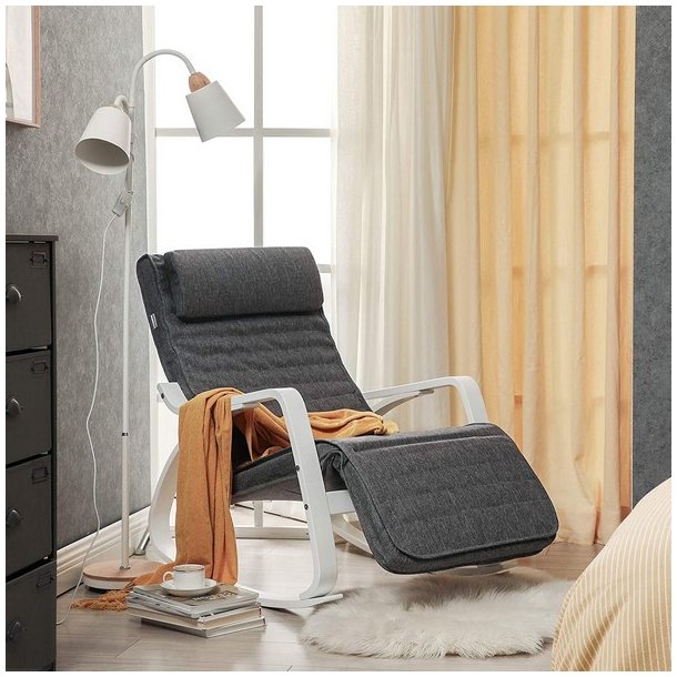 Gyngestol i birketr� med justerbar fodst�tte - m�rkegr� stof