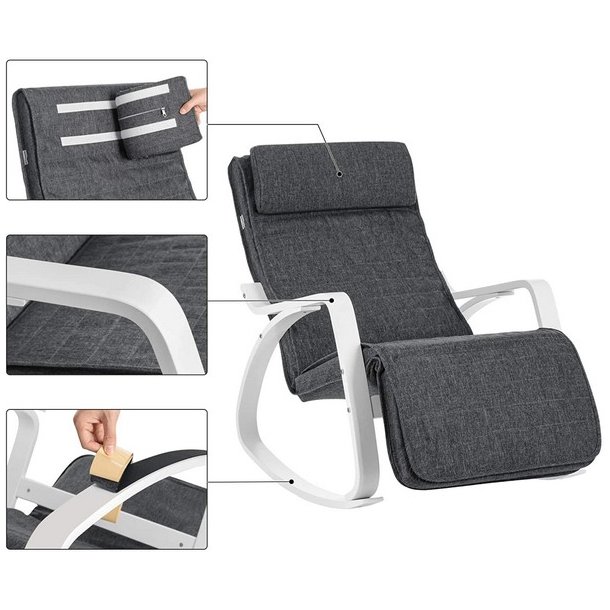 Gyngestol i birketr� med justerbar fodst�tte - m�rkegr� stof