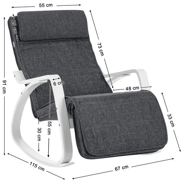 Gyngestol i birketr� med justerbar fodst�tte - m�rkegr� stof