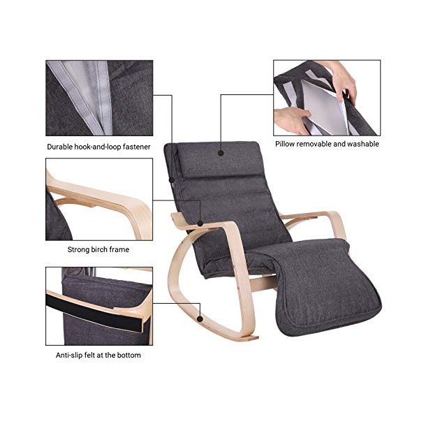 Gyngestol i birketr� med justerbar fodst�tte - m�rkegr� stof