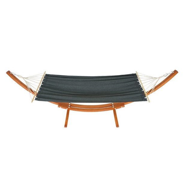 Hngekje med gr stof og stativ - hngekjestativ i brun tr