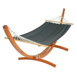 Hngekje med gr stof og stativ - hngekjestativ i brun tr