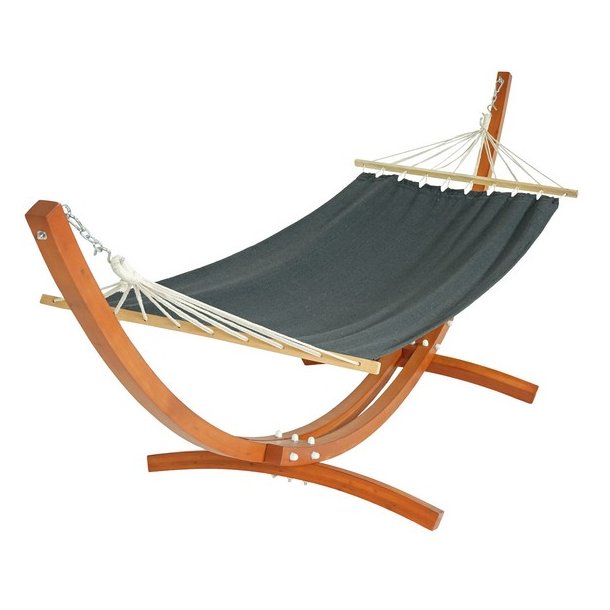 Hngekje med gr stof og stativ - hngekjestativ i brun tr