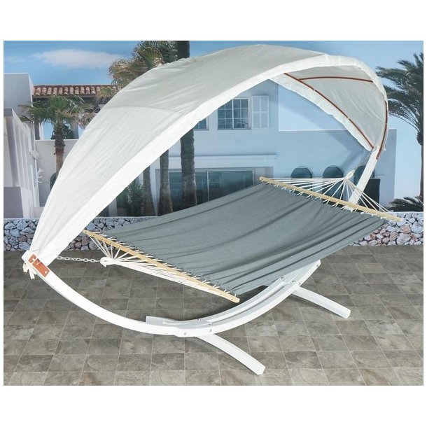 Hngekjestativ med hngekje til 2, grt solsejl og hvidt stel