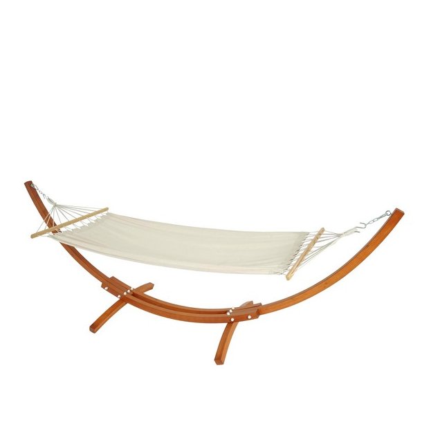 Hngekje med creme stof og stativ - hngekjestativ i brun tr