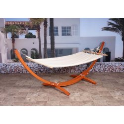 Hngekje med creme stof og stativ - hngekjestativ i brun tr