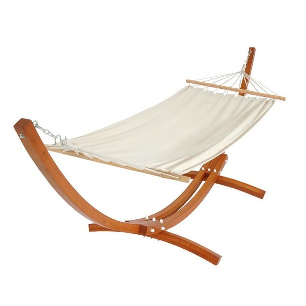 Hngekje med creme stof og stativ - hngekjestativ i brun tr