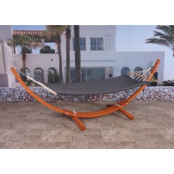 Hngekje med gr stof og stativ - hngekjestativ i brun tr