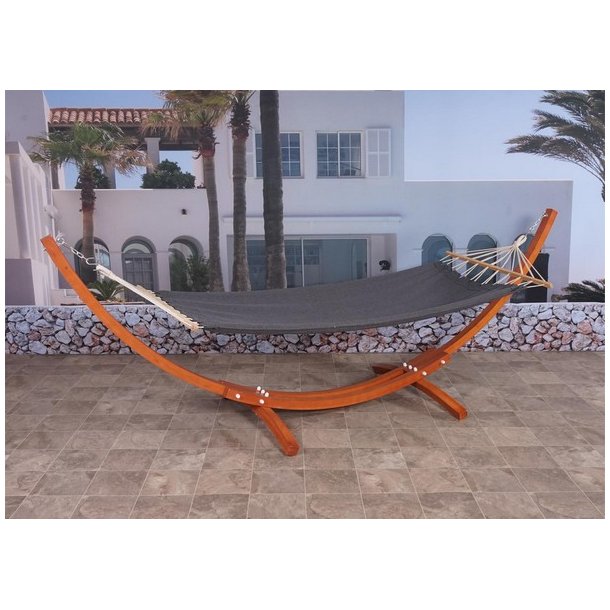 Hngekje med gr stof og stativ - hngekjestativ i brun tr