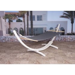 Hngekje med gr stof og stativ - hngekjestativ i hvid tr