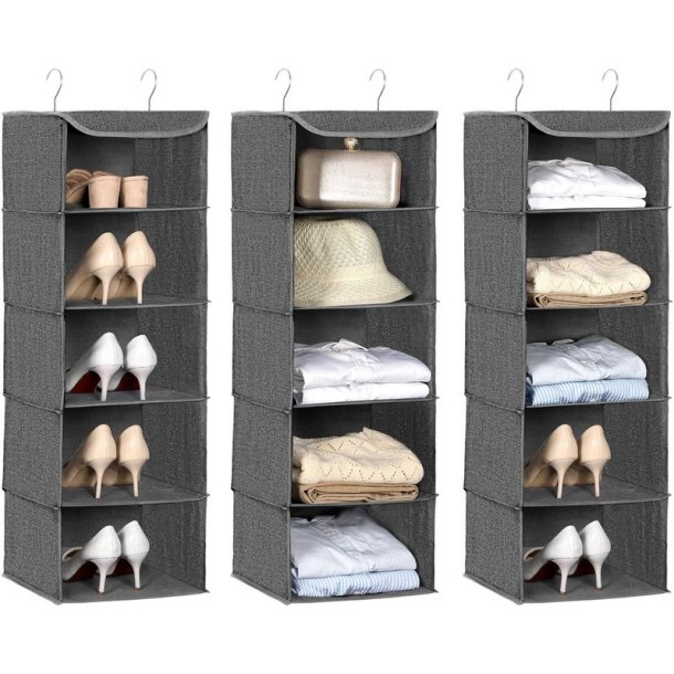 H�ngende garderobe i gr� stof - frith�ngende opbevaringshylder