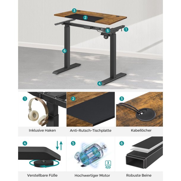 H�ve s�nkebord - elektrisk h�ve s�nke skrivebord - rustik brun