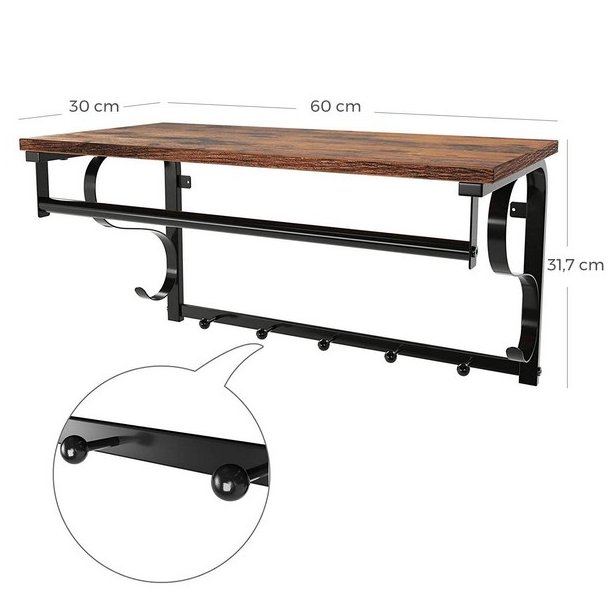 Knager�kke med hattehylde og b�jlestang 60x30 cm - rustik brun