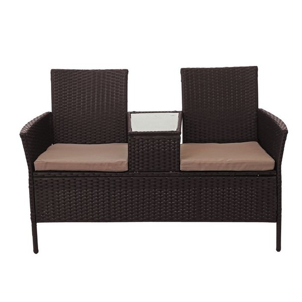 Polyrattan havebnk med bord - brun 2 personers havesofa 132 cm